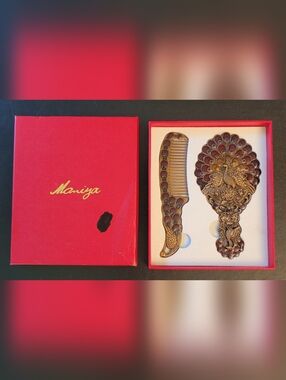 Mamiya Maroon Red Peacock Comb Mirror Set Vintage Metal And Enamel Accents